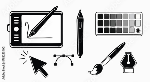 Digital graphic design tools for creative artists workspace vector illustration flat design icons creativity drawing painting studio art