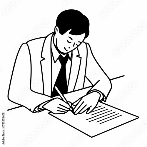 Handsome businessman signing bussiness partnership agreement. Focused male on putting signature, concluding official contract on meeting. Man entrepreneur making profitable deal