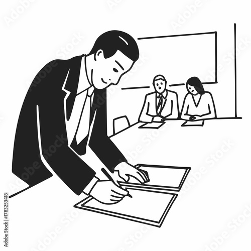 Handsome businessman signing bussiness partnership agreement. Focused male on putting signature, concluding official contract on meeting. Man entrepreneur making profitable deal