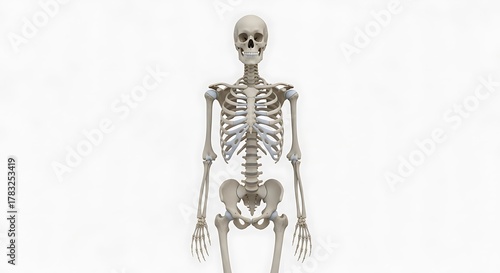 Detailed Human Skeleton Anatomy on White Background for Medical Study.