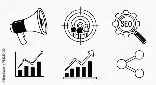 Digital marketing business and SEO concept flat icons set vector illustration promotion analytics strategy growth flat design
