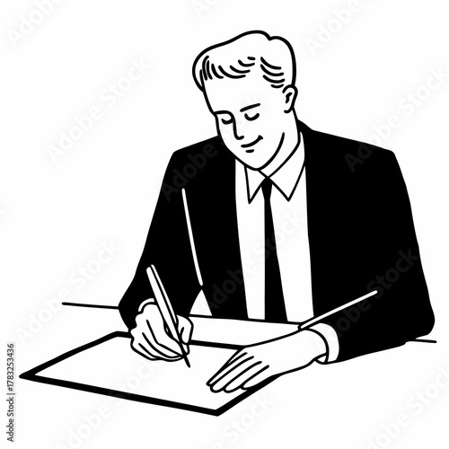Handsome businessman signing bussiness partnership agreement. Focused male on putting signature, concluding official contract on meeting. Man entrepreneur making profitable deal
