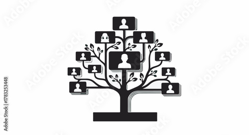 Abstract family tree illustration representing generations and connections with stylized figures.