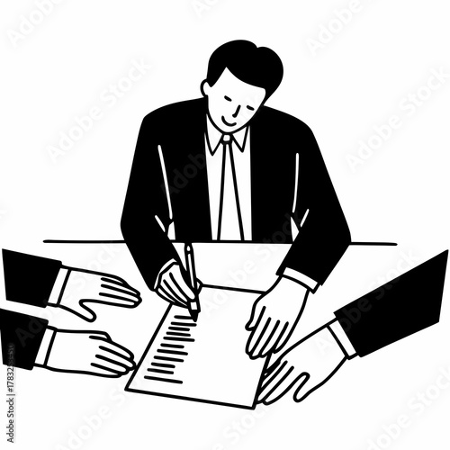 Handsome businessman signing bussiness partnership agreement. Focused male on putting signature, concluding official contract on meeting. Man entrepreneur making profitable deal