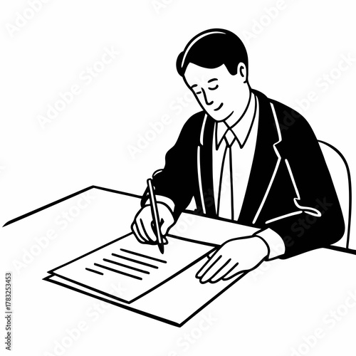 Handsome businessman signing bussiness partnership agreement. Focused male on putting signature, concluding official contract on meeting. Man entrepreneur making profitable deal