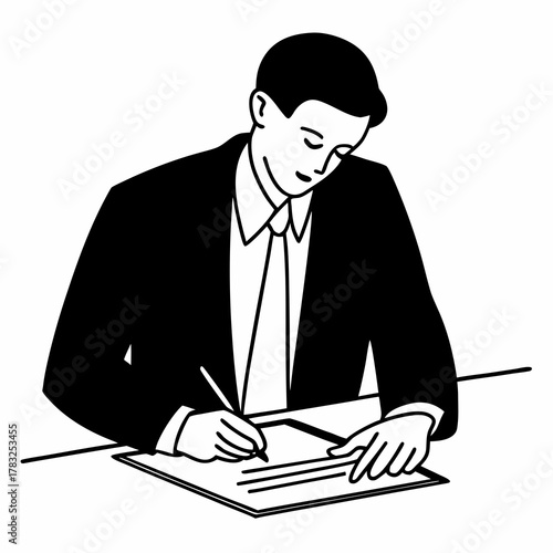 Handsome businessman signing bussiness partnership agreement. Focused male on putting signature, concluding official contract on meeting. Man entrepreneur making profitable deal