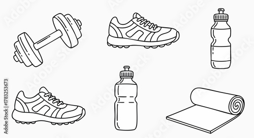 Fitness gym equipment items outline flat design vector illustration dumbbell sneakers waterbottle mat workout exercise health training icons