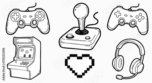 Retro gaming equipment collection controllers joystick arcade machine headphones vector illustration flat design doodle black white icon set pixel art