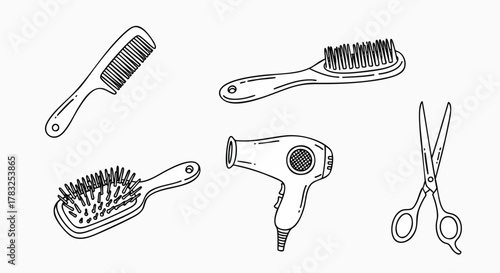 Hairdressing beauty tools set line art style vector illustration flat design outline doodle icons salon barber beauty equipment