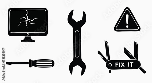 Broken computer screen repair tools warning sign fix it kit vector illustration flat design maintenance service error problem icon technology digital