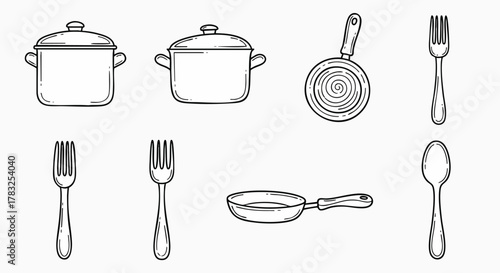 Hand drawn kitchen cooking utensils cutlery collection set vector illustration flat design cookware icon graphic kitchenware outline