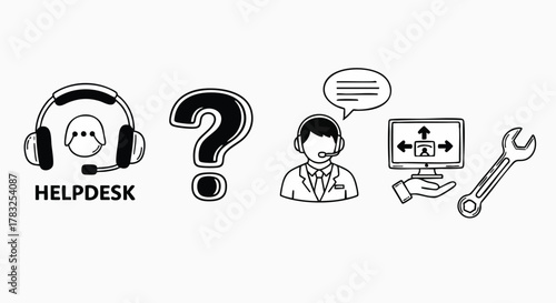 Customer service helpdesk support icons technical assistance concept vector illustration flat design troubleshooting call center remote IT solution
