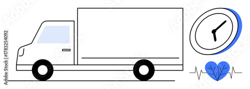 Delivery truck in motion with clock and heart representing efficiency, timeliness, health services, and quick logistics. Ideal for logistics, healthcare, speed, reliability, efficiency delivery