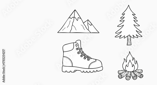 Hand drawn outdoor adventure elements simple line art vector illustration flat design camping nature mountains hiking boot tree fire
