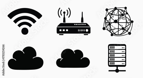 Modern network and internet communication technology icons set vector illustration flat design symbols connection data global server cloud wifi router