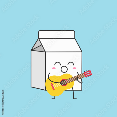 Beverage carton, carton for drinks, cute cartoon character plays guitar and sings, smile face cheerful kawaii joy happy emotions icon vector illustration.