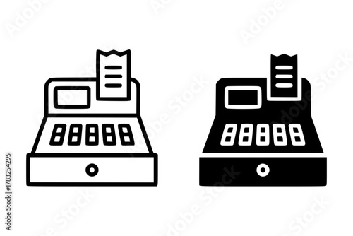 Cash register icon set: outline and filled style for retail and business