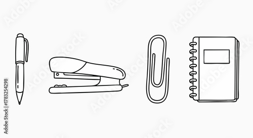 Essential office school supplies stationery collection line art vector illustration flat design minimal clean icons lineart work education