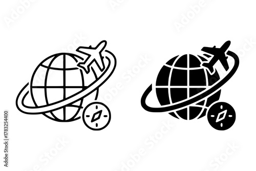 Travel icon with airplane circling the globe and a compass for navigation