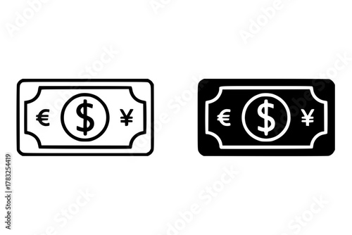 Global Currency Banknote Icon Set: Dollar, Euro, and Yen Money Symbol Vector