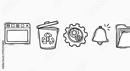 Hand drawn web application UI icons vector illustration flat design settings notification folder recycle bin browser window doodle