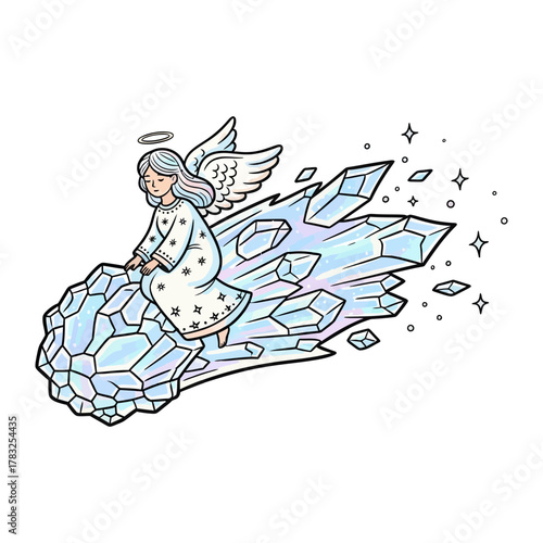Celestial Journey: An angelic figure, complete with wings and halo, embarks on a cosmic voyage, gracefully riding a radiant crystalline comet through a starlit expanse.