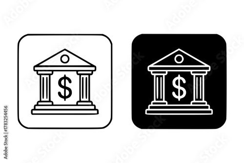 Bank icon set: black and white financial institution symbols