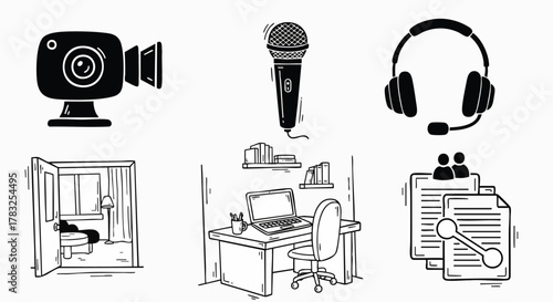 Hand drawn vector icons remote work home office tools webcam microphone headset desk laptop documents illustration flat design