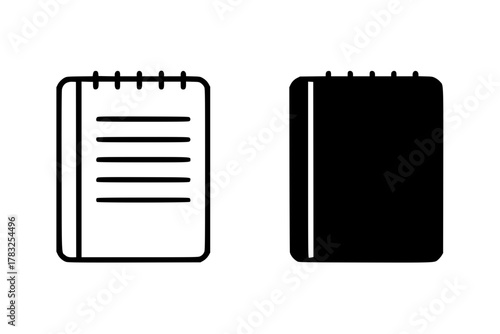 Notebook icon set: black and white spiral-bound notepad illustrations