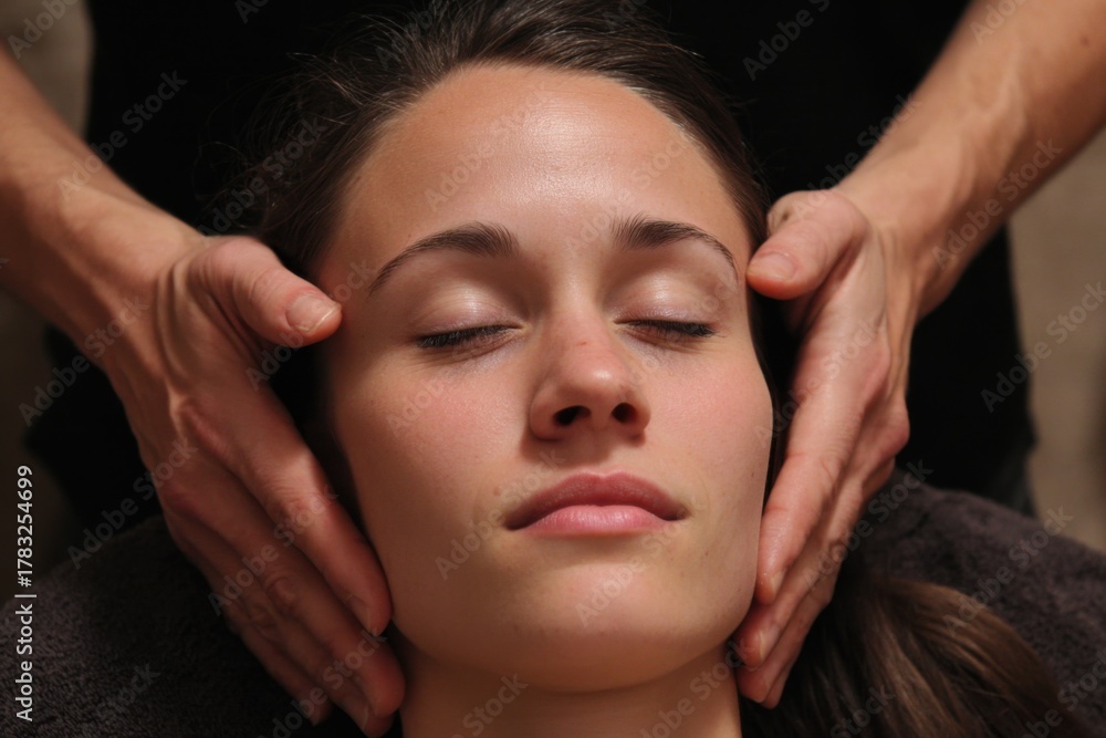 Fototapeta premium Female enjoying a relaxing massage as she sits comfortably with eyes closed and hands supporting her head in a serene environment