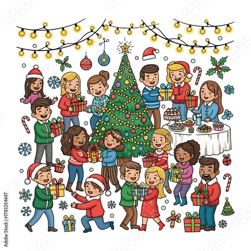 Gift Exchange Festivity: A heartwarming illustration of festive camaraderie as a diverse group of people gather to exchange gifts, embodying the spirit of generosity and communal joy.