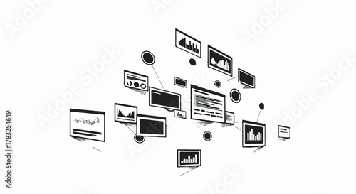 Abstract network of digital screens displaying data and charts, representing information flow and connectivity.