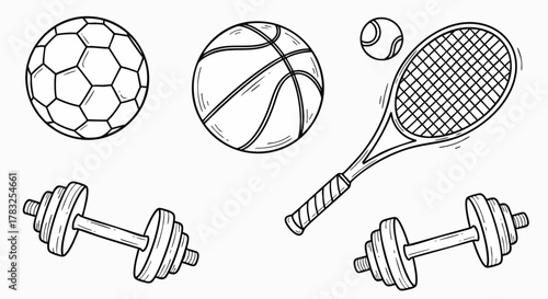 Hand drawn sports equipment collection fitness activity soccer basketball tennis dumbbell gym exercise vector illustration flat design outline