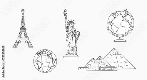 World travel landmarks famous monuments global tourism symbols collection vector illustration flat design outline line art icon set