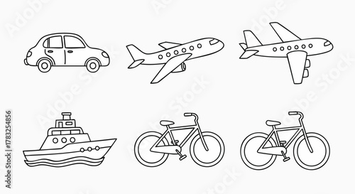 Simple black outline transportation modes doodle style collection vector illustration flat design travel transport icons drawing sketch lineart