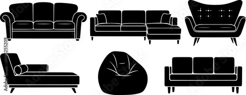 A set of silhouette couch illustrations with multiple styles.

