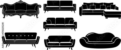 A set of silhouette couch illustrations with multiple styles.

