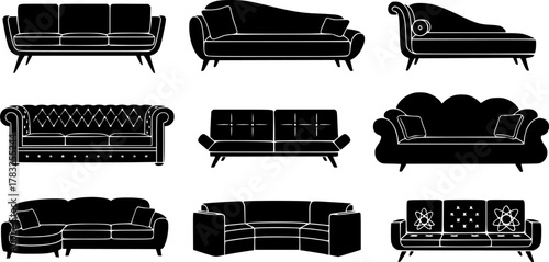 A set of silhouette couch illustrations with multiple styles.

