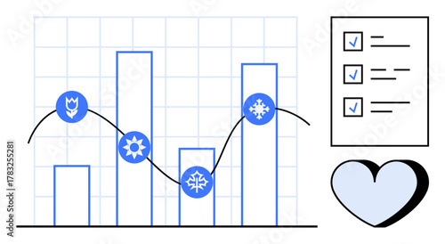 Bar graph with seasonal symbols, trend line, checklist, and heart icon. Ideal for analysis, planning, time management, business strategy, project organization seasonal trends data representation