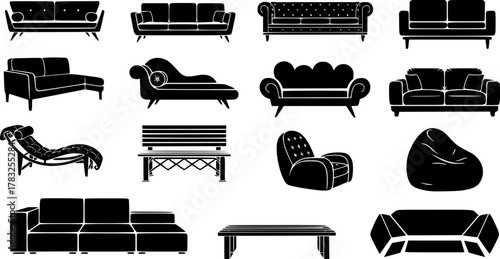 A set of silhouette couch illustrations with multiple styles.

