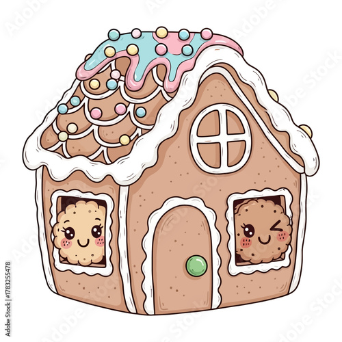 Whimsical Gingerbread House: A charming gingerbread house, adorned with colorful candies and frosting, exudes warmth and festive cheer. Cute cookie faces peek out, adding to the playful charm. 