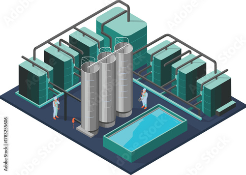 isometric industrial water treatment plant illustration, wastewater purification tanks, modern chemical processing facility, clean water engineering system, environmental technology infrastructure