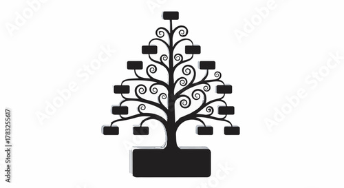 Elegant black metal tree ornament holder with decorative swirls and rectangular slots for photos or candles