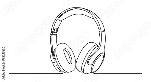 Black line drawing of headphones on white background audio music