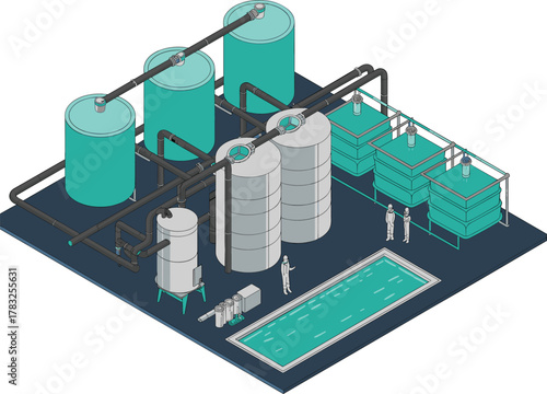 isometric industrial water treatment plant illustration, wastewater purification tanks, modern chemical processing facility, clean water engineering system, environmental technology infrastructure