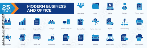 Modern Business and Office icons collection vector images Duotone Set,
containing several team works, folder, laptop, manager, finance report, colleague, growth chart and more.
for Web icons set.