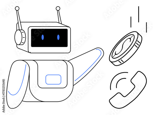 Robot processing payment with coin, supporting customer interaction via call. Ideal for AI, automation, fintech, customer service, communication, technology innovation themes. Clean simple flat