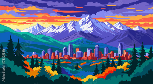 Colorful pixel art illustration of a city nestled in a mountain valley. A vibrant sunset illuminates the snow-capped peaks and forest