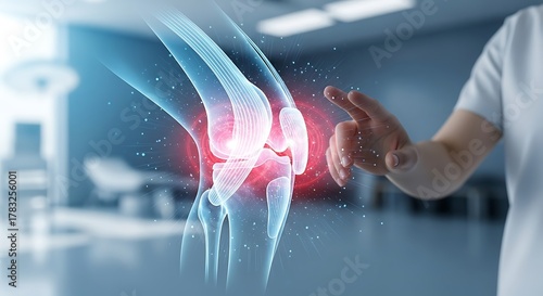 Knee Pain Diagnosis - Doctor Examining Knee Joint with Digital Interface.