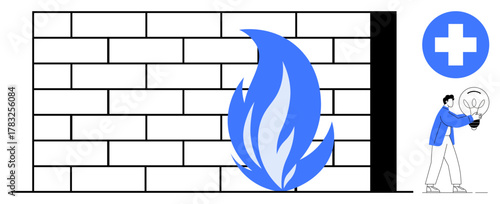 Brick firewall with blue flame facing it, medical cross emblem, figure holding a lightbulb. Ideal for security, protection, safety, innovation, healthcare, technology and risk mitigation concepts